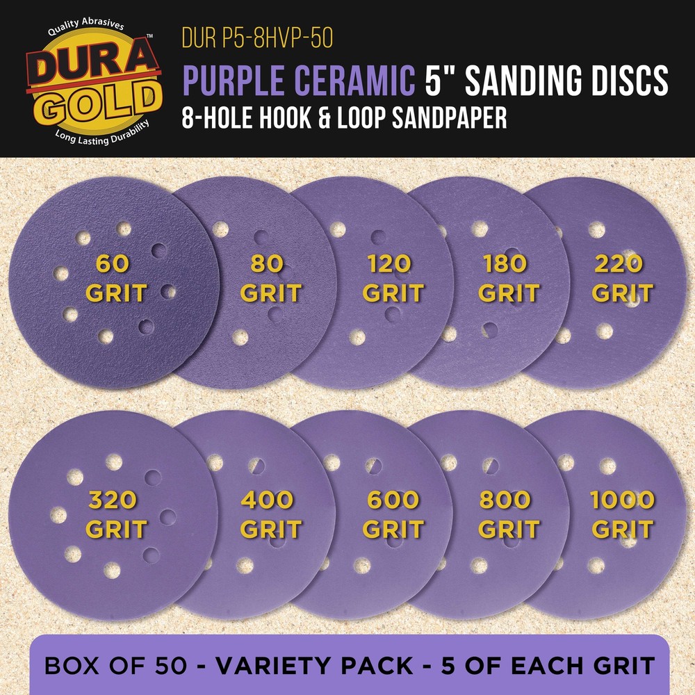 5" Ceramic Sanding Discs, 8-Hole, 50 Disc Variety Pack - Hook & Loop Sandpaper