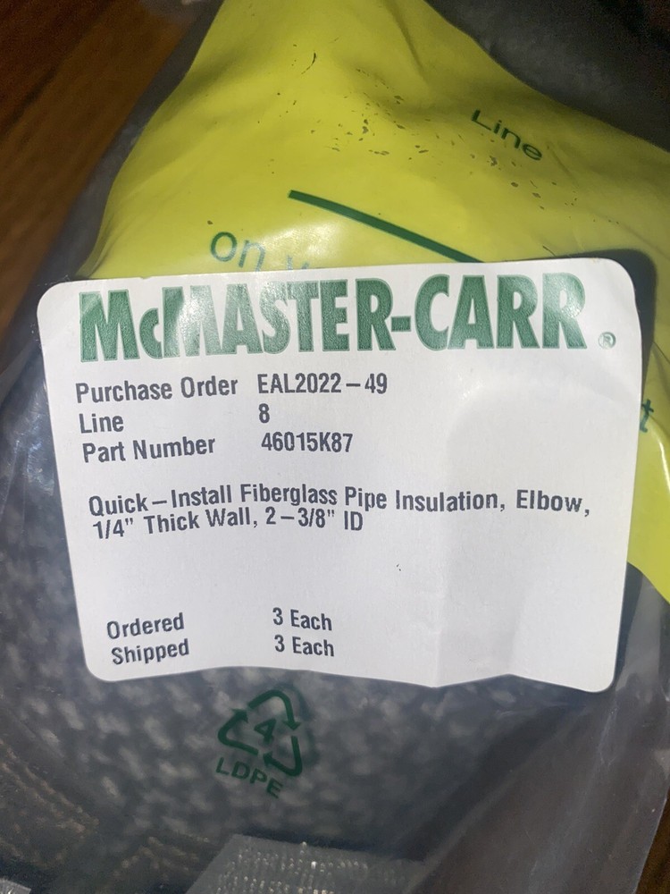 McMaster Carr Quick Install Fiberglass Pipe Insulation, Elbow, 1/4" Wall Dia.