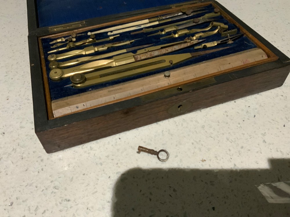 Antique Brass Geometry draftsmanship technical Drawing Instruments Set 1879 key