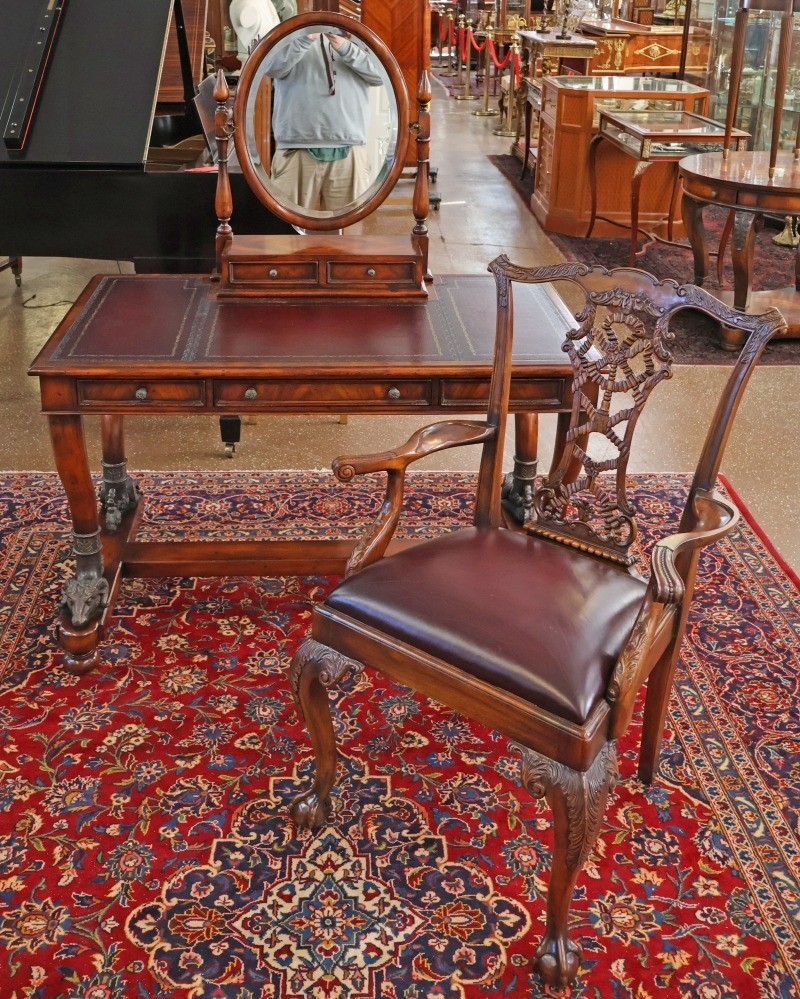 Theodore Alexander Mahogany Leather Tooled Rams Head Vanity Dressing Table
