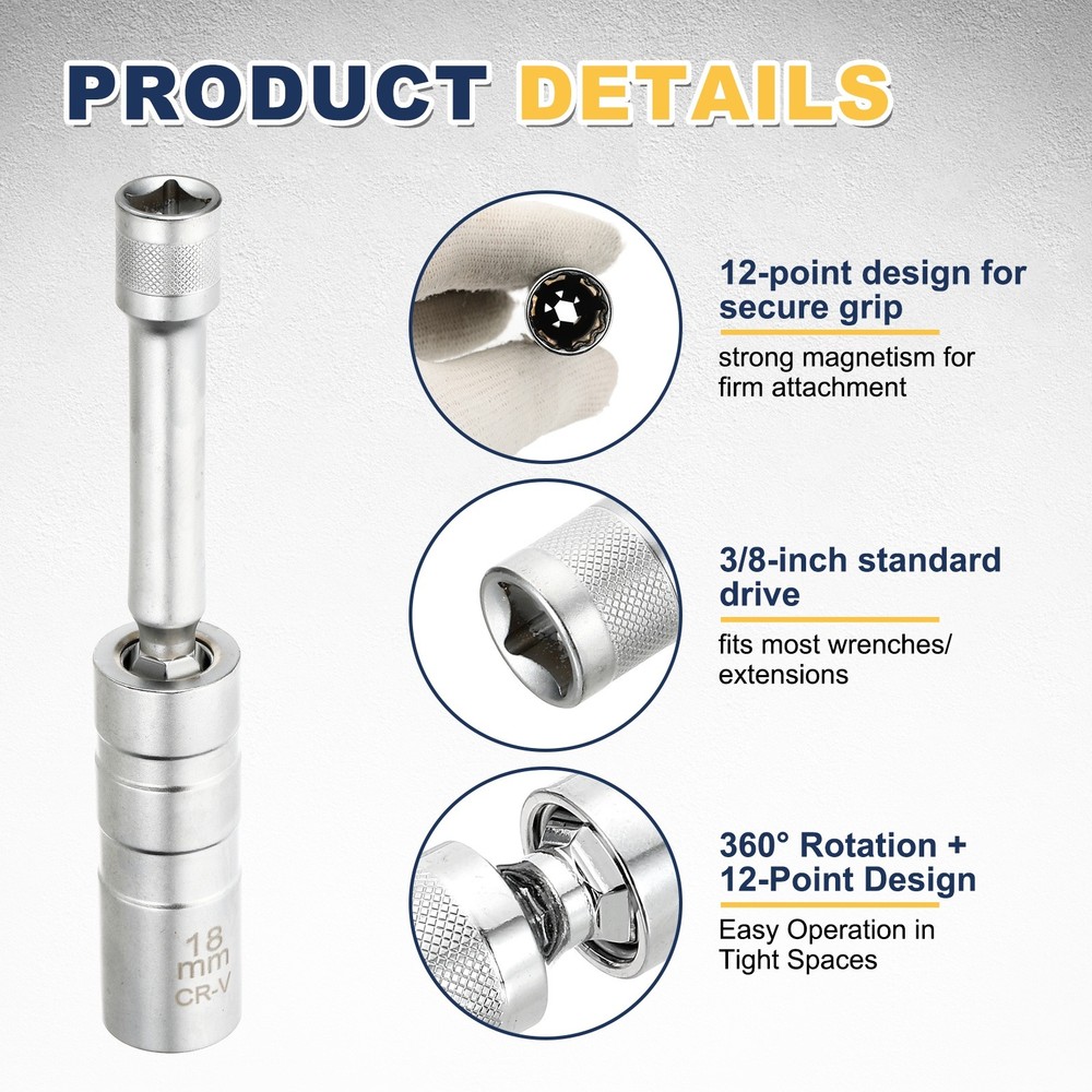 Spark Plug Socket 3/8" Drive 18mm Medium Swivel Magnetic Silver