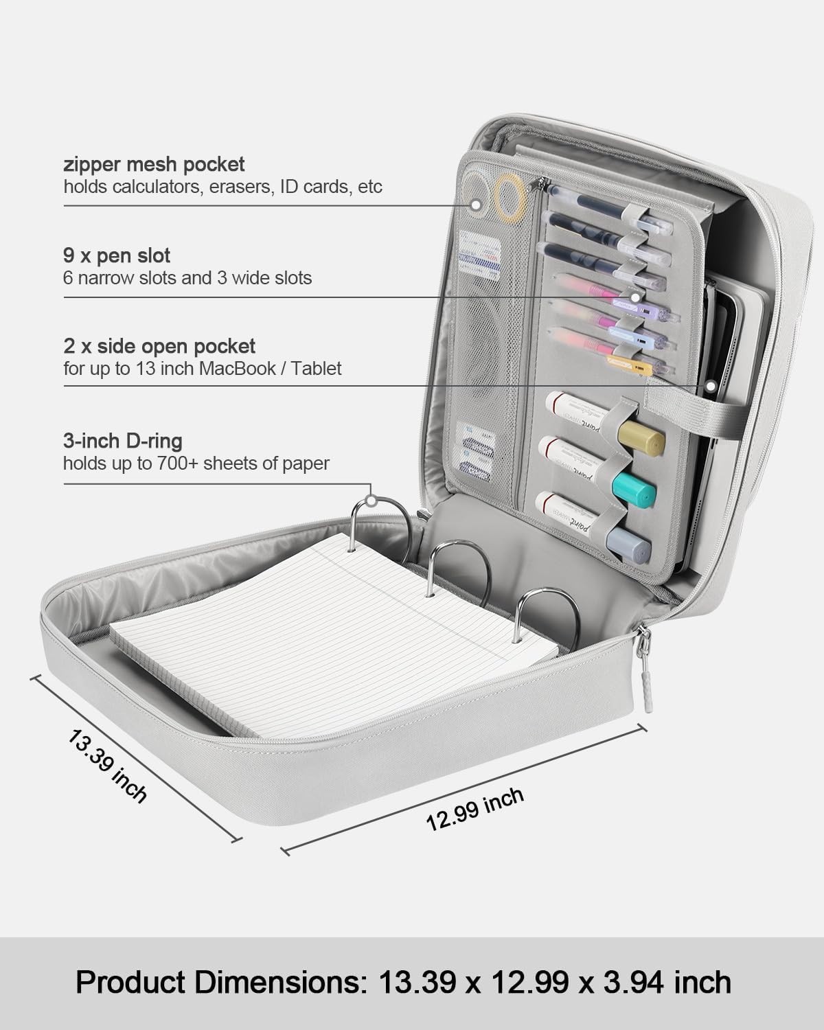 HINOOR 3-Inch D-Ring Zipper Binder w/ Shoulder Strap Holds Up To 700 Sheets Gray