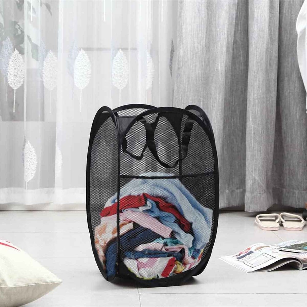 Convenient laundry folding mesh pop-up basket, wide opening and side pockets