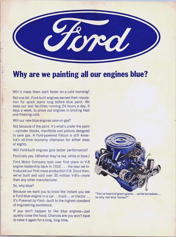 print ad 1966 FORD explaining corporate decision to paint all their engines blue
