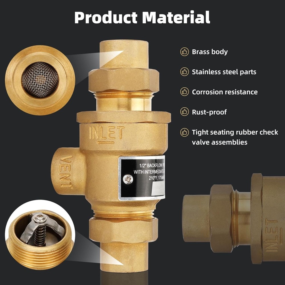 Versatile 1/2" Brass Backflow Preventer with Rubber Disc - Prevents Water Damage