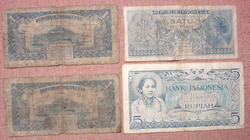 4 Original Indonesia Banknotes - 1950’s - Three 1 Rupiah - One 5 Rupiah