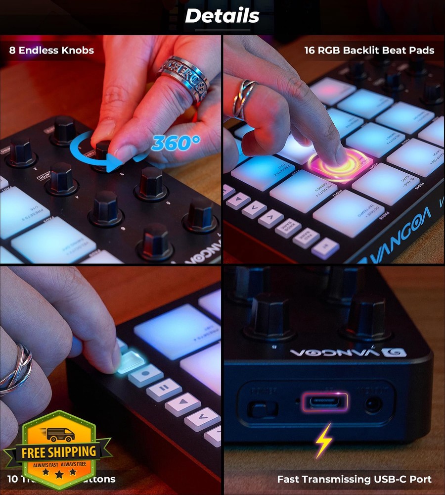 Vangoa Beat Maker MIDI Drum Pad Controller 16 RGB Pads