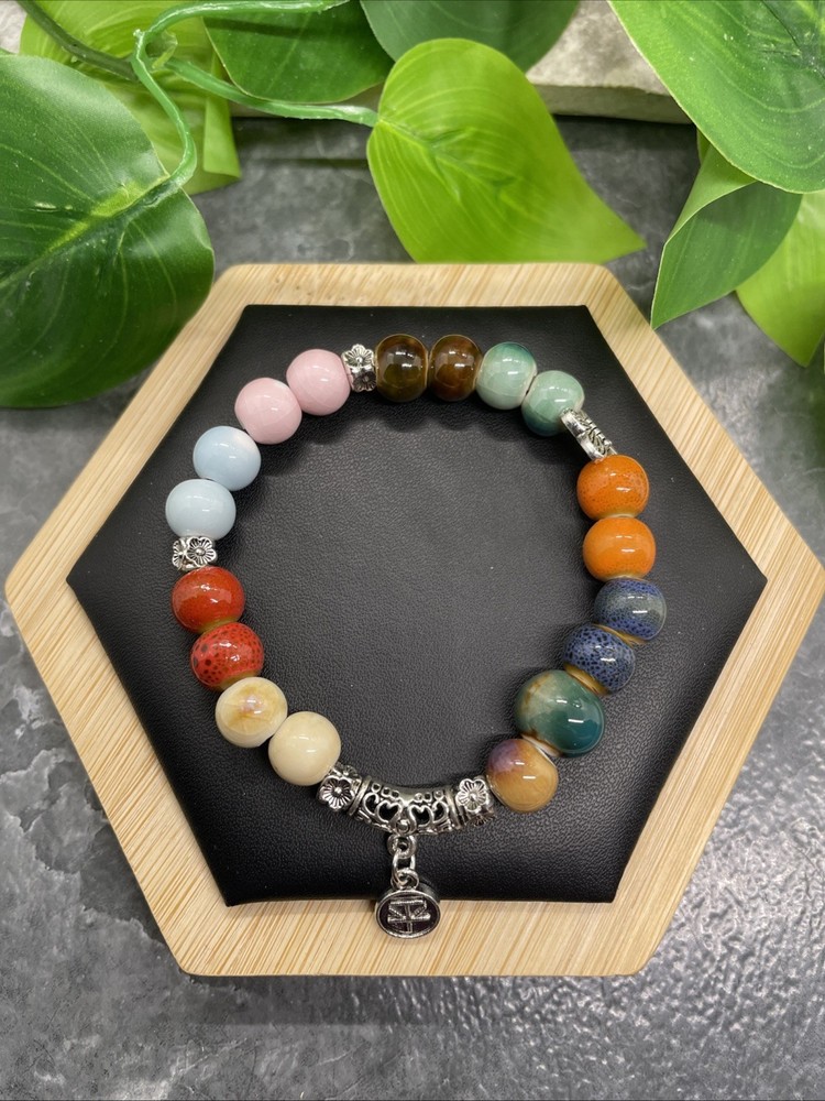 Handmade Ceramic Bead Beaded Stackable 6.25” Plus Stretch Bracelet New B241