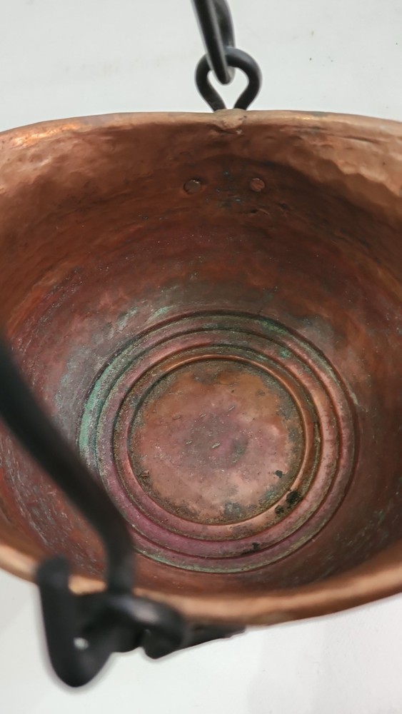 Hammered Copper Pot Hanging Cauldron Rustic Primitive Decor Black Iron Handle