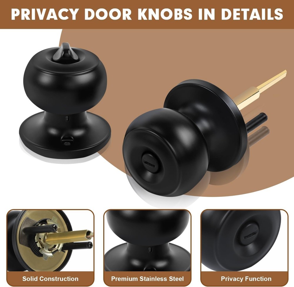Privacy Door Knobs, 2 Pack Matte Black Door Knobs with Lock, Bed and Bath Door