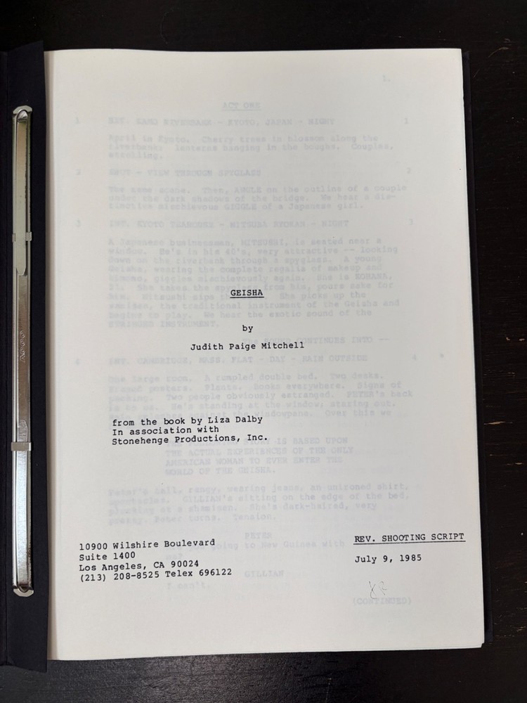 AMERICAN GEISHA MOVIE SCRIPT ORIGINAL REV. SHOOTING SCRIPT DATED JULY 9, 1985