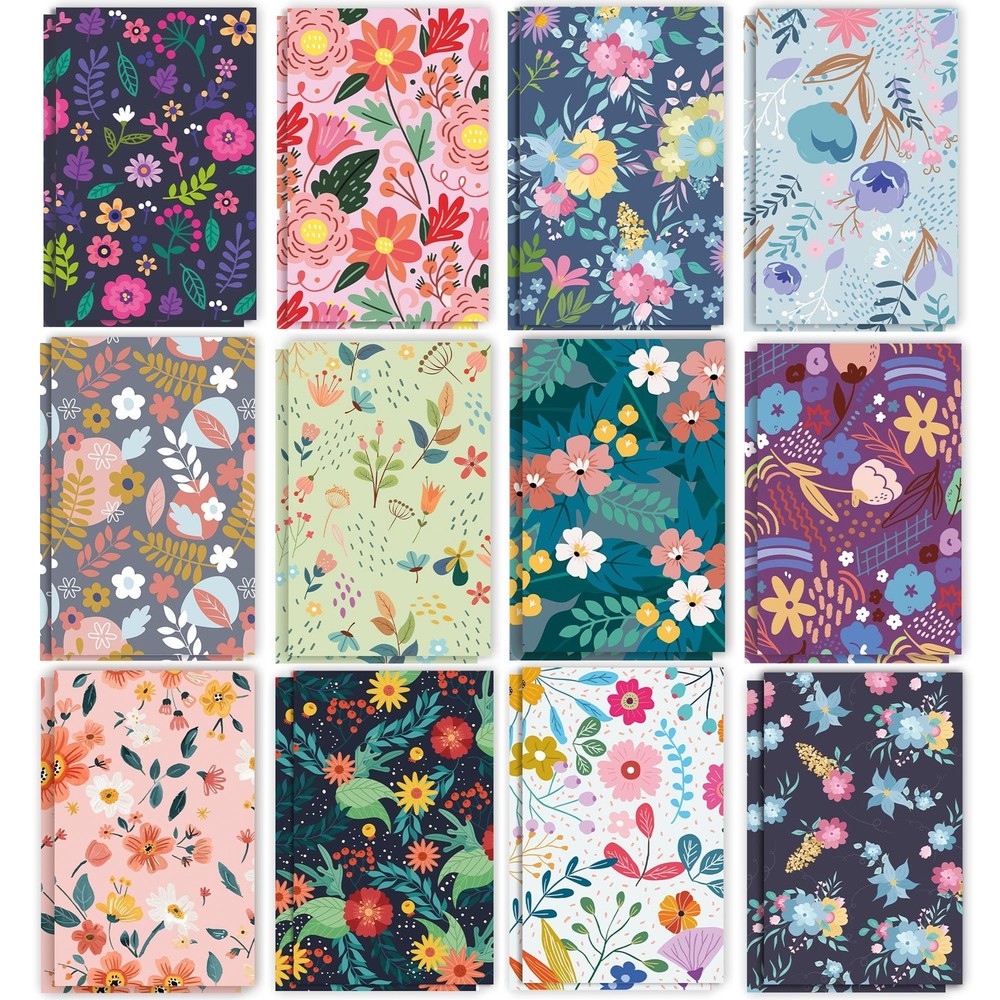 12 Pack Floral Theme Mini Pocket Notepad, Colorful Flowers Pattern Linear Sti...
