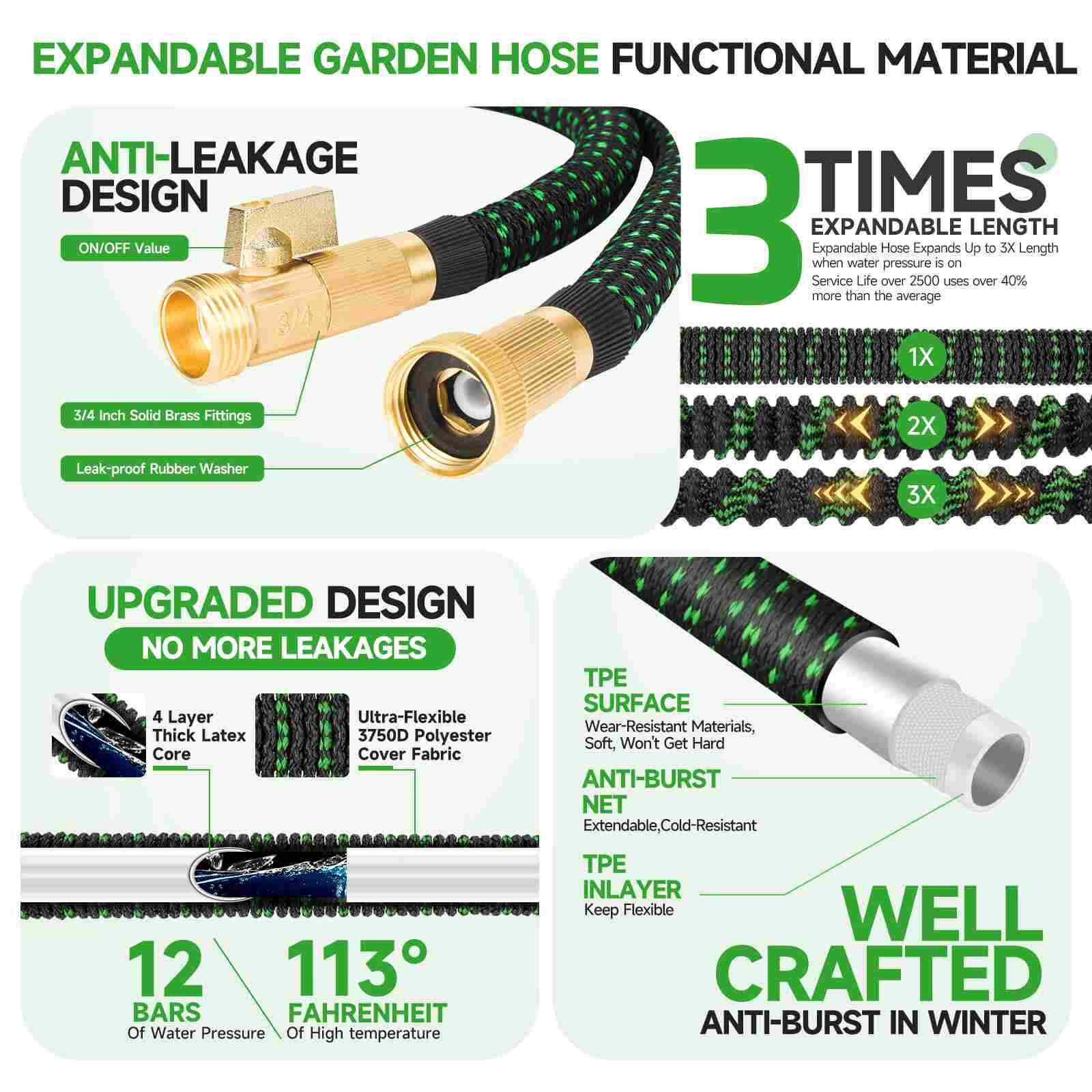 Durable Lightweight 3X Expandable Flexible Garden Water Hose 25/50/75/100/150ft