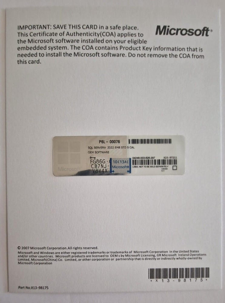 SQL Server 2022 Standard 48 Core License, unlimited User CALs PHYSICAL ITEM