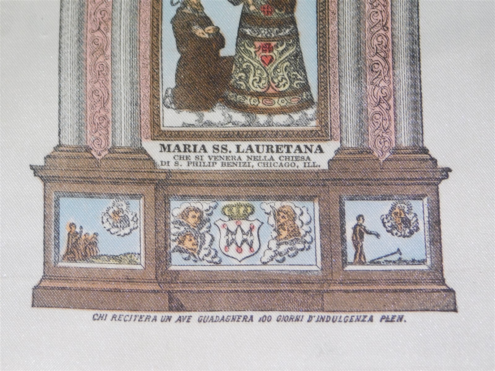 Antique Reliquary Silk MARIA SS. LAURETANA Church of St. Philip Benizi Chicago