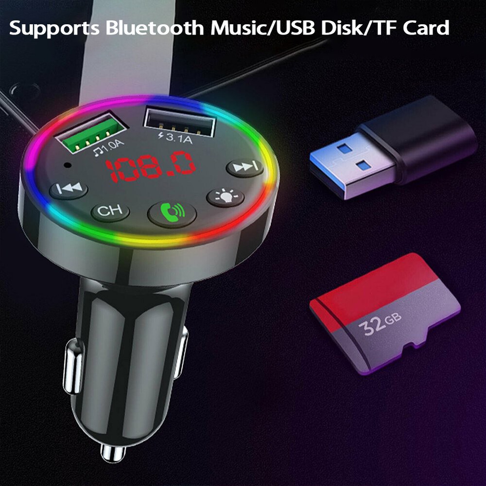 Bluetooth Car FM Transmitter Wireless Adapter Dual USB Charger Colorful Lights