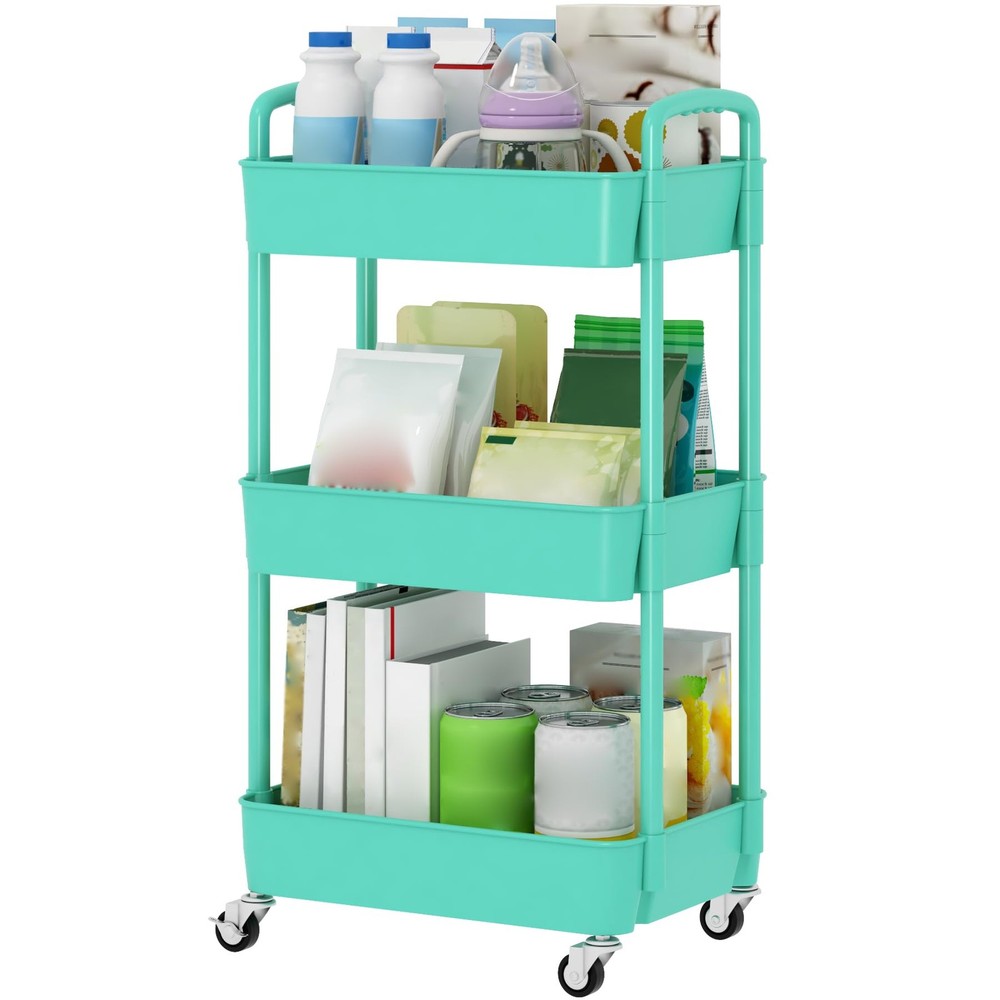 3-Tier Plastic Rolling Utility Cart with Handle, Multi-Functional Storage
