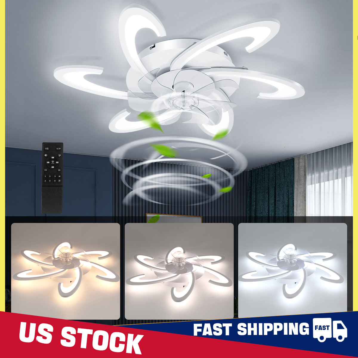 Control,Geometric Colors Fan Speeds& Bladeless,White Bedroom Remote 6 Ceiling 3