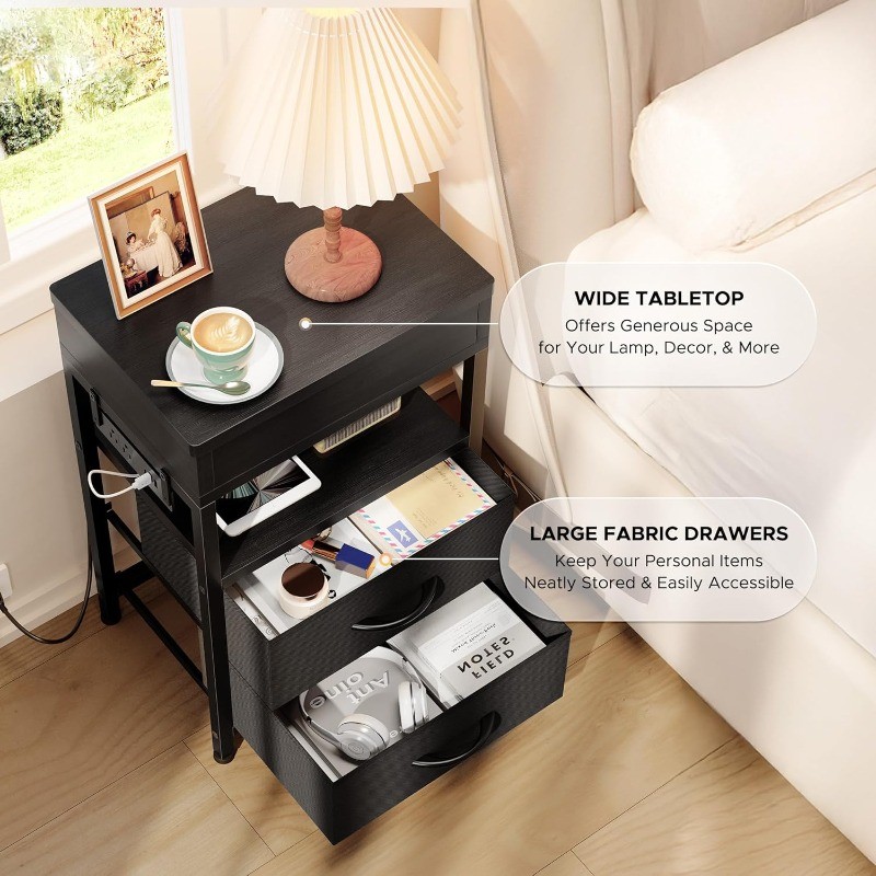 Hidden Drawer Charging Table - Night Stand with Charger Station and Sliding Top