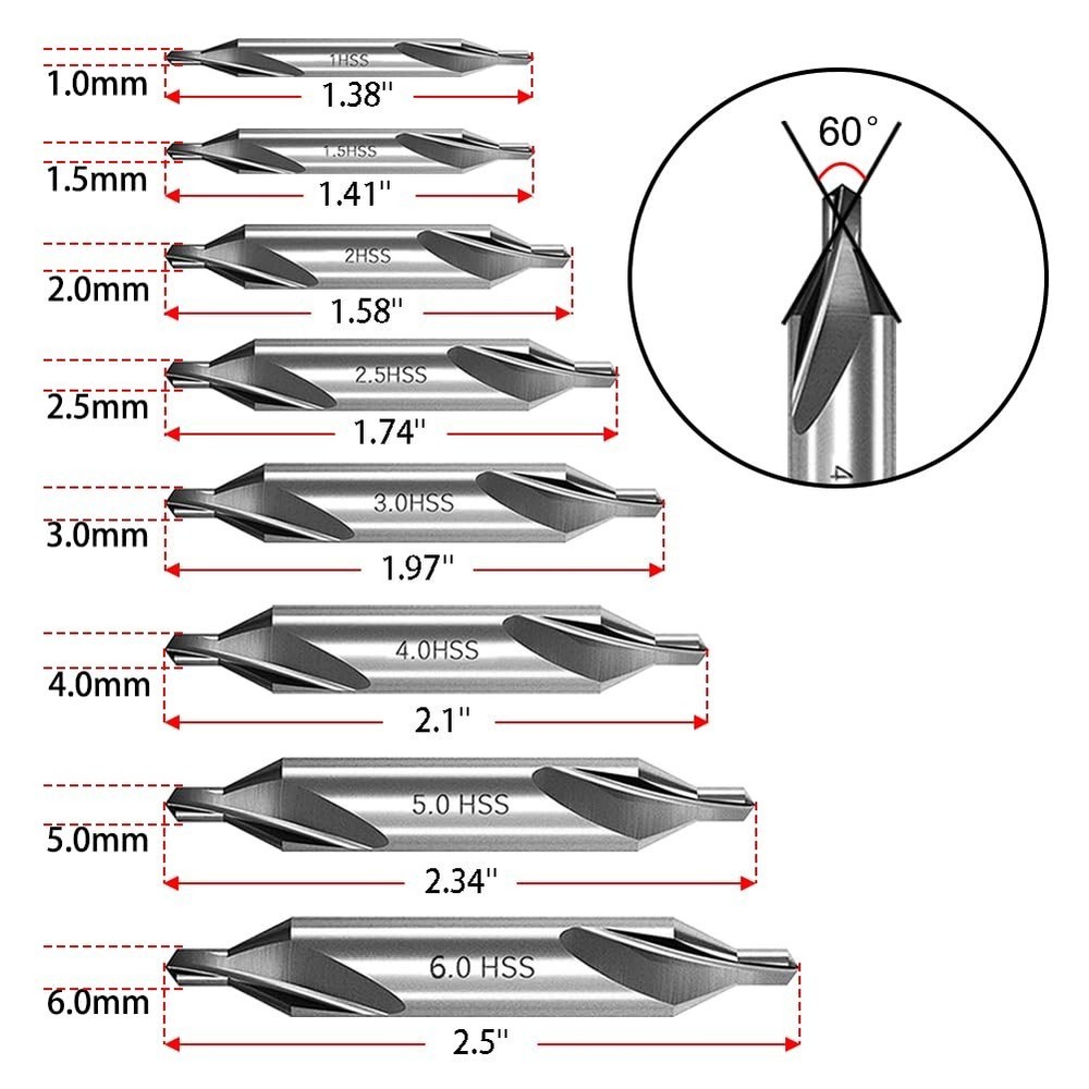8 PCS Center Drill Bits Set, Countersink Tools for Lathe Metalworking 60 Degree
