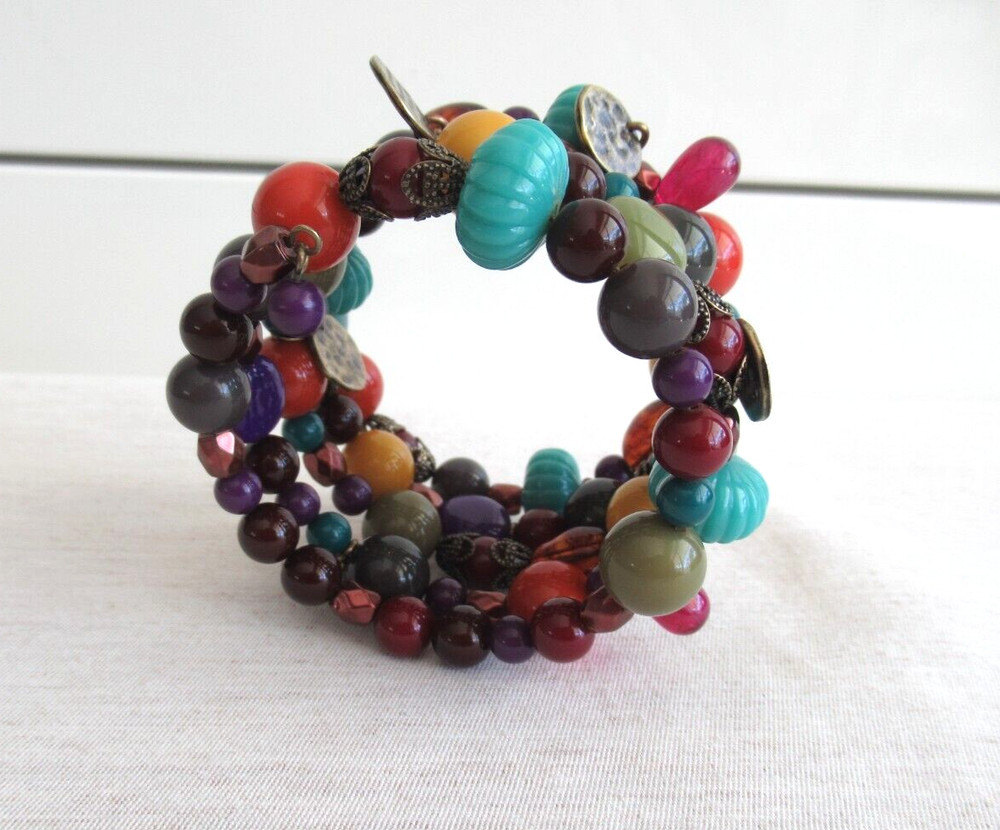 Memory Wire Bracelet Colorful Plastic Beads Small Size, 5 Strands Adjustable