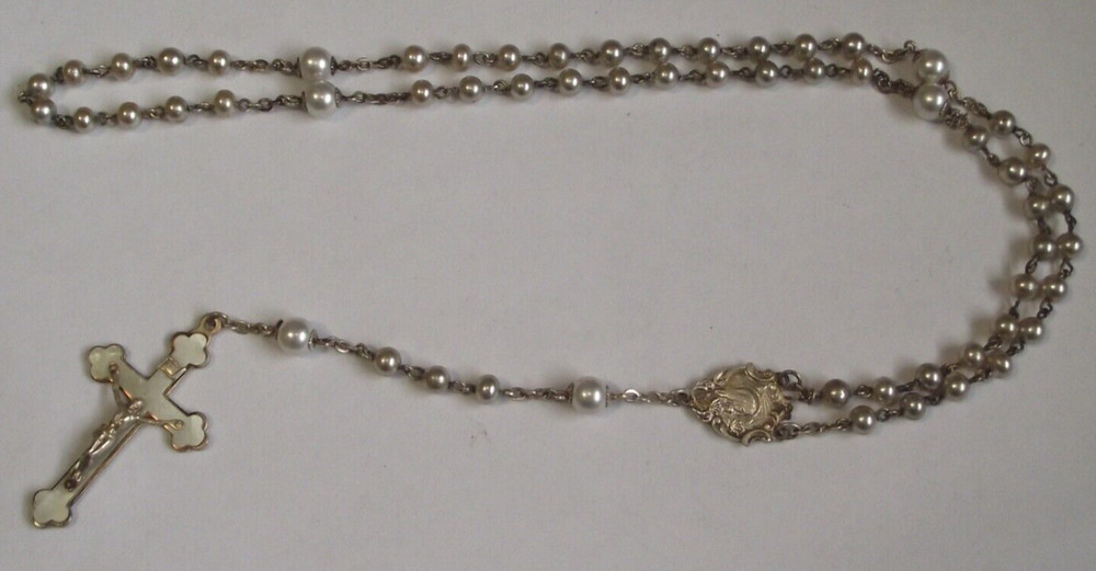 Vtg faux pearl mop bead rosary ornate Virgin Mary SH Jesus medal INRI crucifix