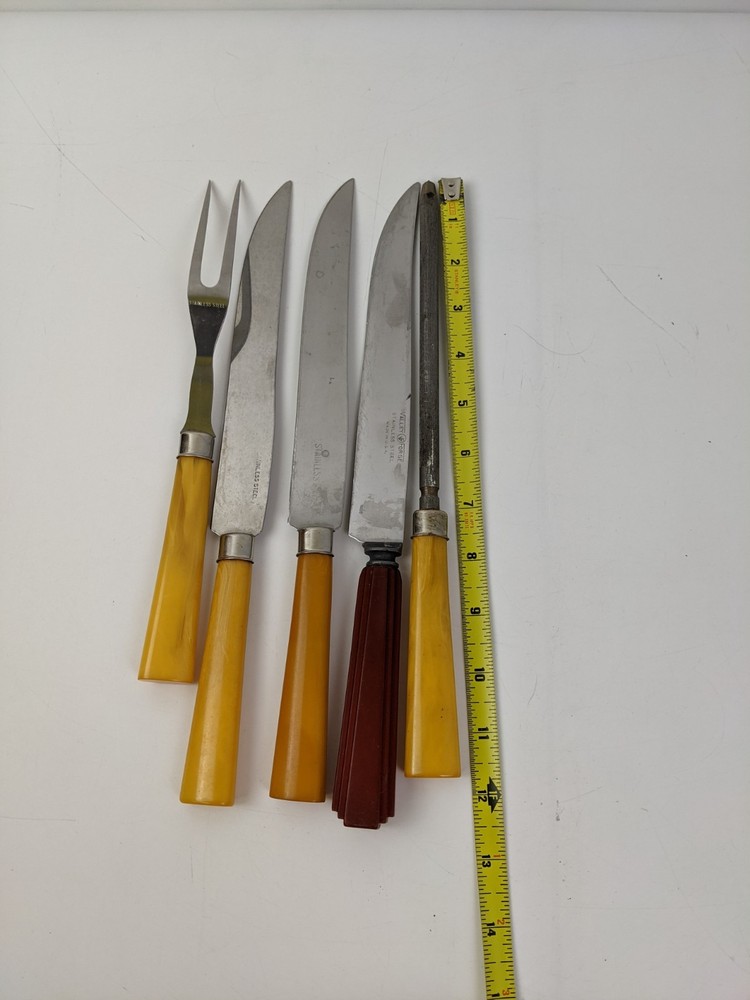 Vintage BAKELITE Handle Carving Set Fork, Knives, Sharpener Valley Forge 5pcs