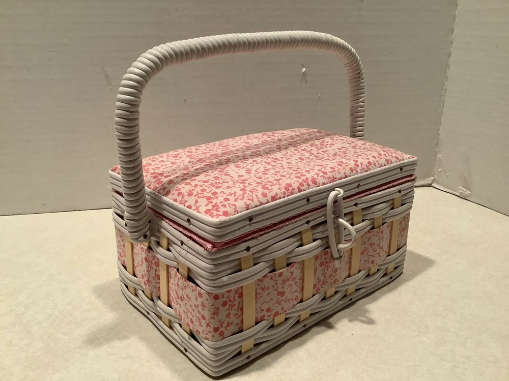 Child's sewing box, swing handle, rattan look, insert tray
