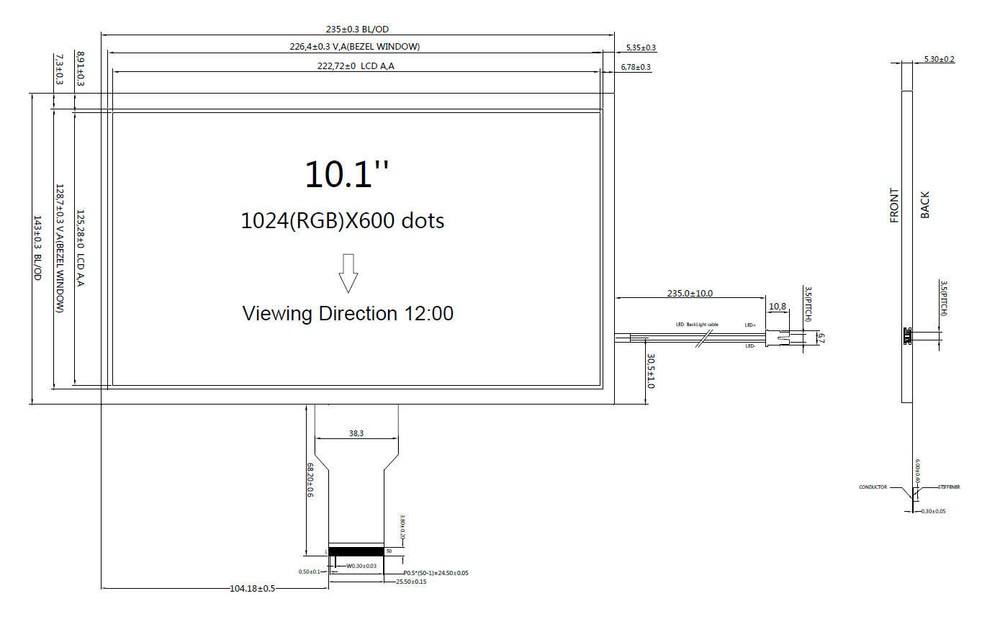 10.1"inch 1024x600 50 Pins TFT LCD Display Module w/Optional Touch Panel