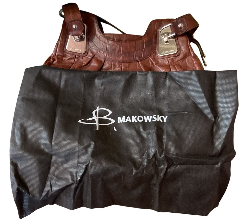 B. Makowsky Brown Leather Boho Bag With Leopard Print Lining & Dust Bag