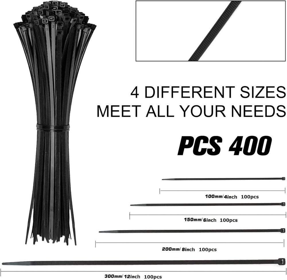 400-Pack Black Self-Locking Zip Ties - Assorted Sizes for Versatile Organization