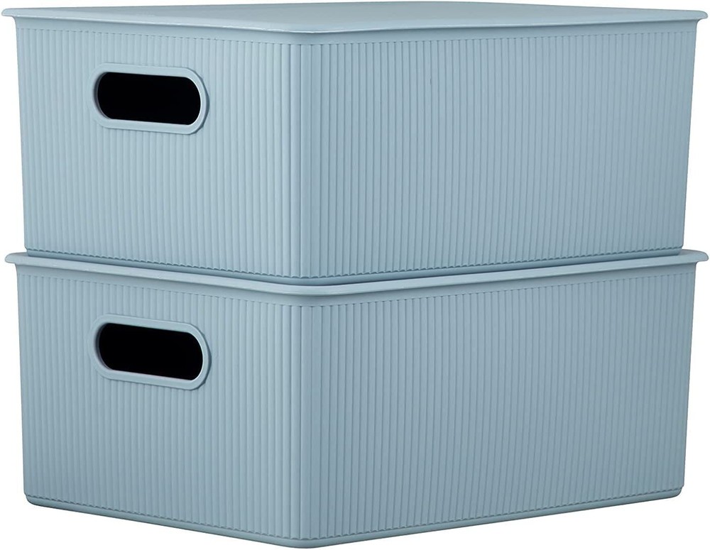 Superio 15L Medium Stone Blue Ribbed Storage Bin with Lid, Plastic (2 Pack)