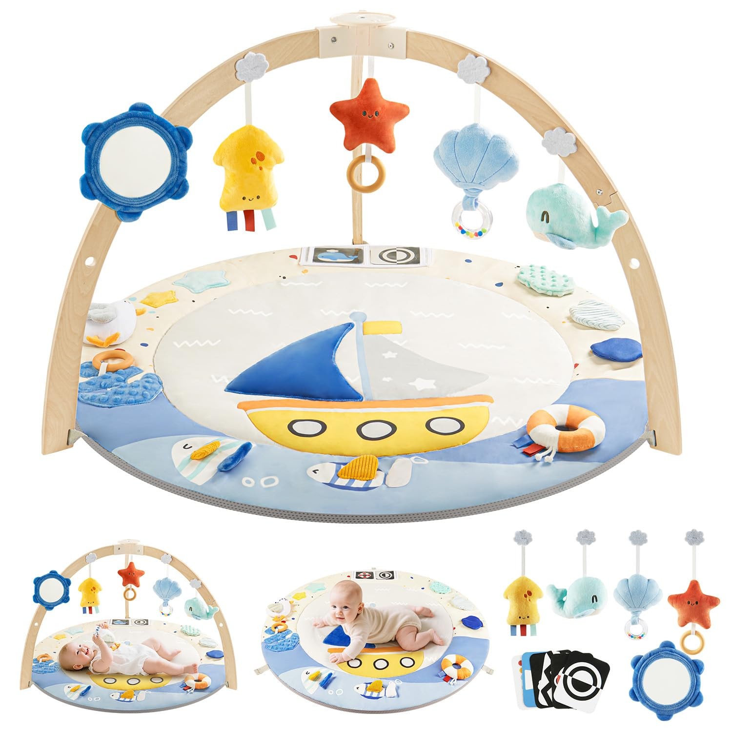 Baby Play Gym Activity Mat, 5 Developmental Zones Wooden Tummy Time Mat with ...
