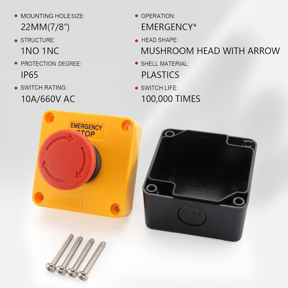 Baomain Red Sign Emergency Stop Switch, 660V Weatherproof Push Button Switch...