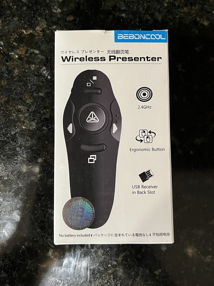 BEBONCOOL Wireless Presenter Pointer 2.4GHz USB Receiver Ergonomic Button Black
