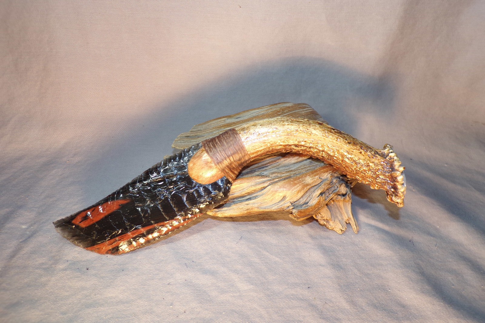 Triple Flow Obsidian Skinning Knife Flint Knapping Black Powder Antler Handle