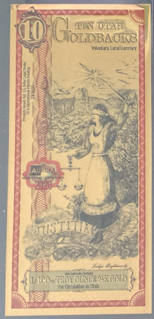 2020 Utah 10 Goldback 24K Gold Back Foil Note Currency 1/100th Oz