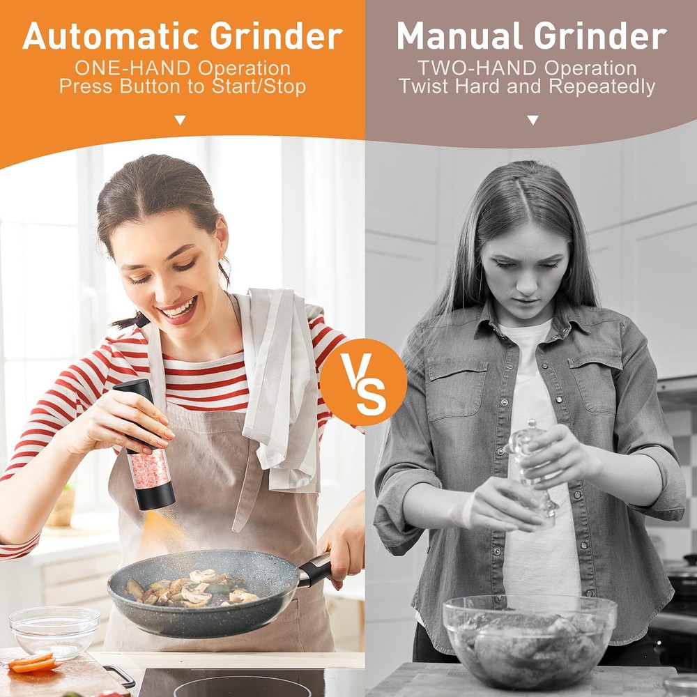 Rechargeable Salt & Pepper Grinders LED Light Adjustable One-Hand Use 2-Pack