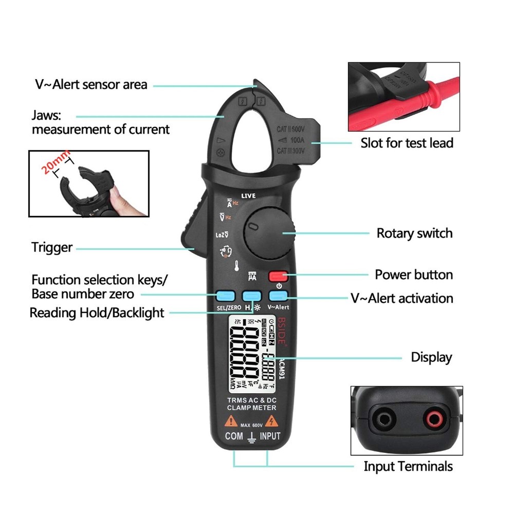 ACM91 Clamp Multimeter Digital AC DC Current Clamp Meter True RMS Auto Range ...