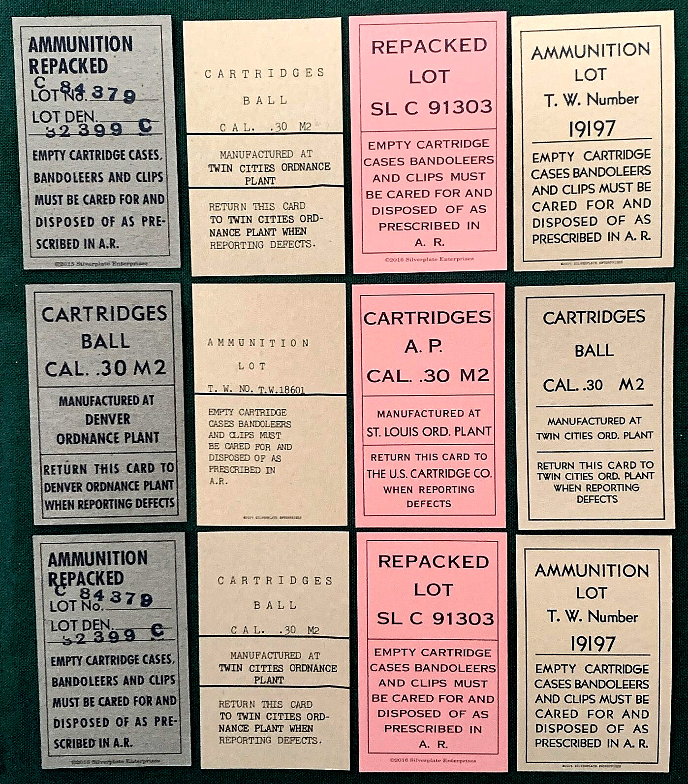 EARLY WORLD WAR II NEW REPLICA BANDOLEER LOT CARDS FOR CAL.30 M2 BALL AND A.P.