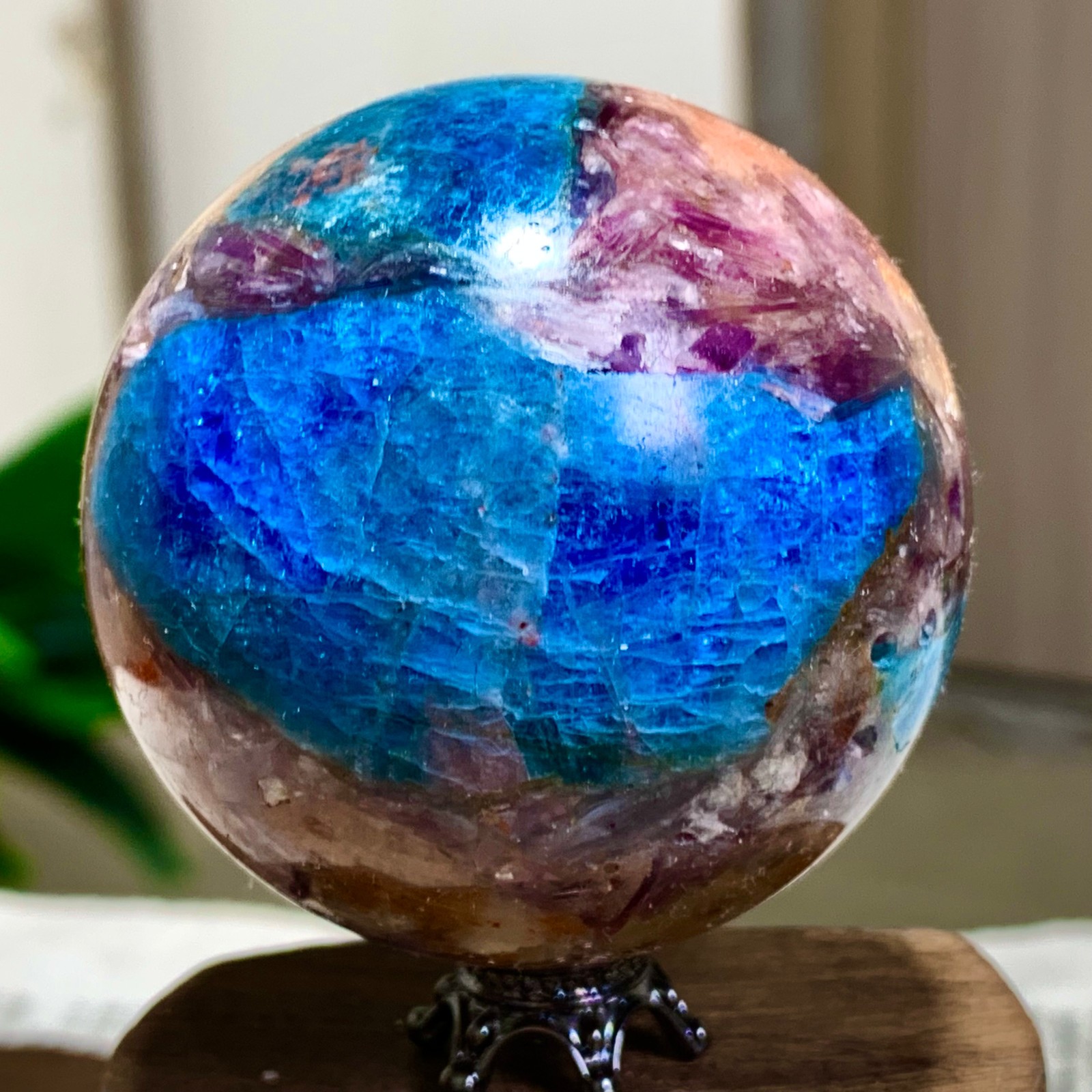 177G Natural Blue Aptite +Sun Stone purple lepidolite Sphere mineral sample