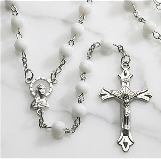 White Round Glass 6MM Beads Rosary 20" Length  Virgin Mary Crucifix Medal
