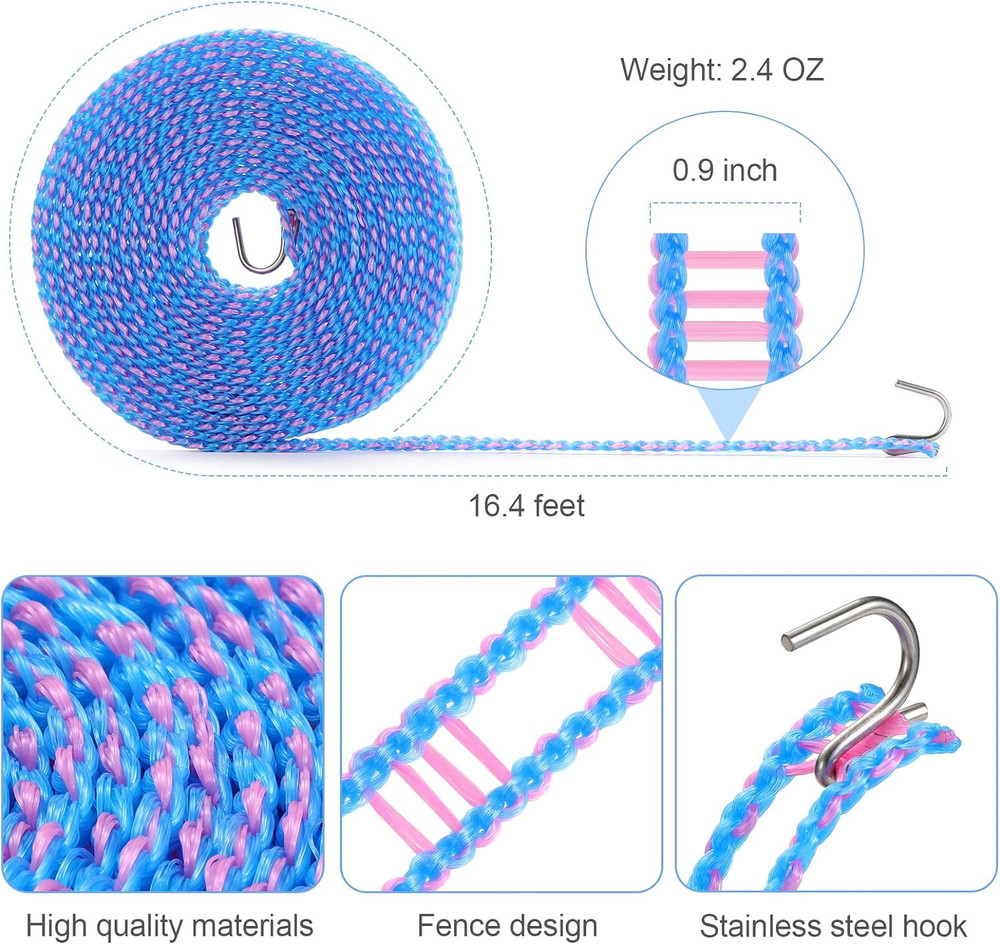 3 Pack Windproof Clothesline & Hooks 16.4Ft Strong Portable Laundry Drying Rope