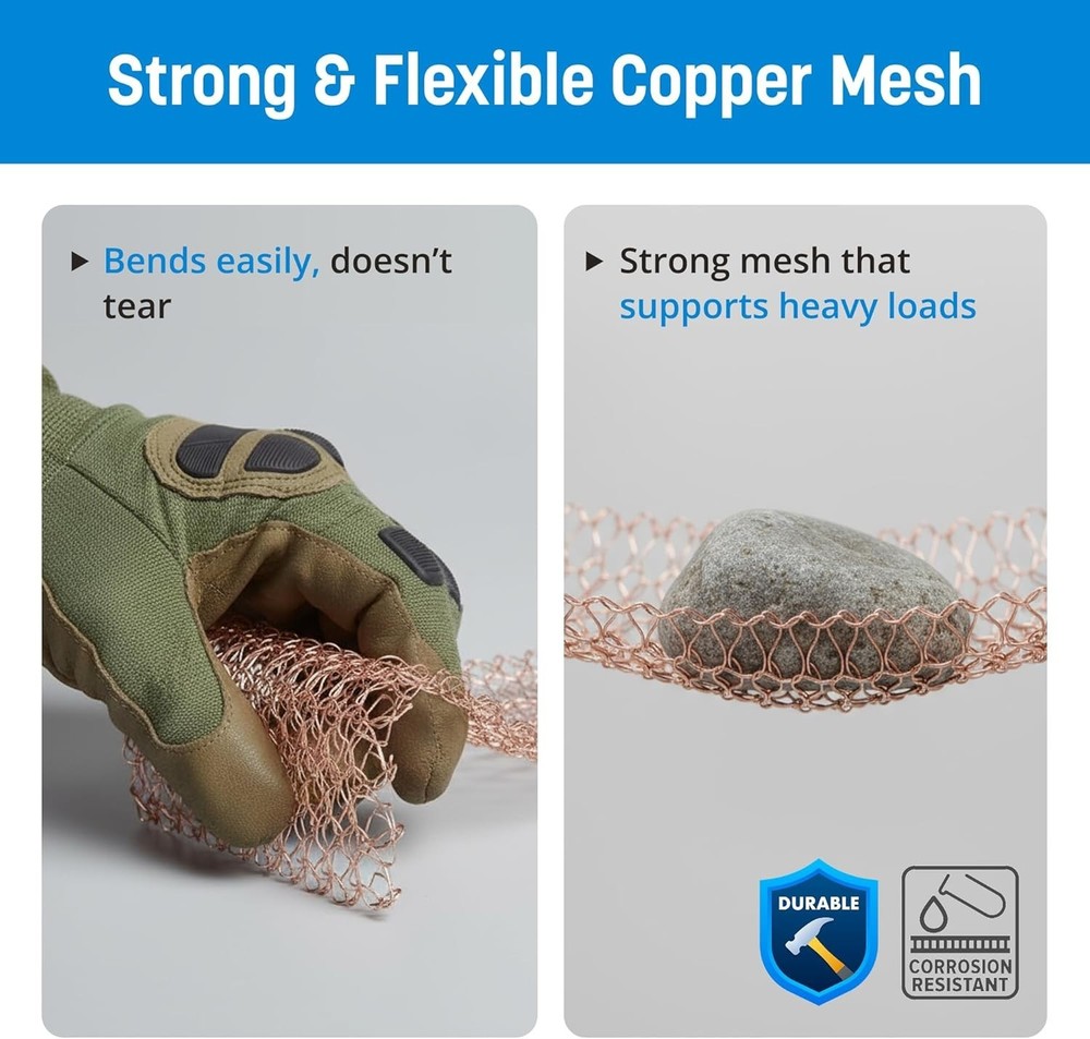 Copper Mesh Rodent Control – 5" x 30' Rustproof Copper Wool Roll for Wall Hol...