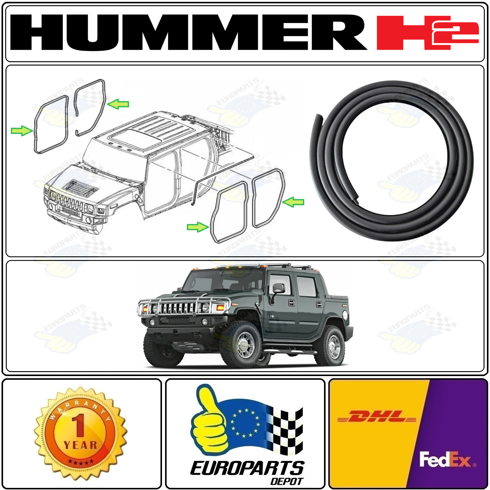 2003-2009 Hummer H2 Door Seal Weatherstrip On Body 4-Piece Set Front-Rear, LH-RH