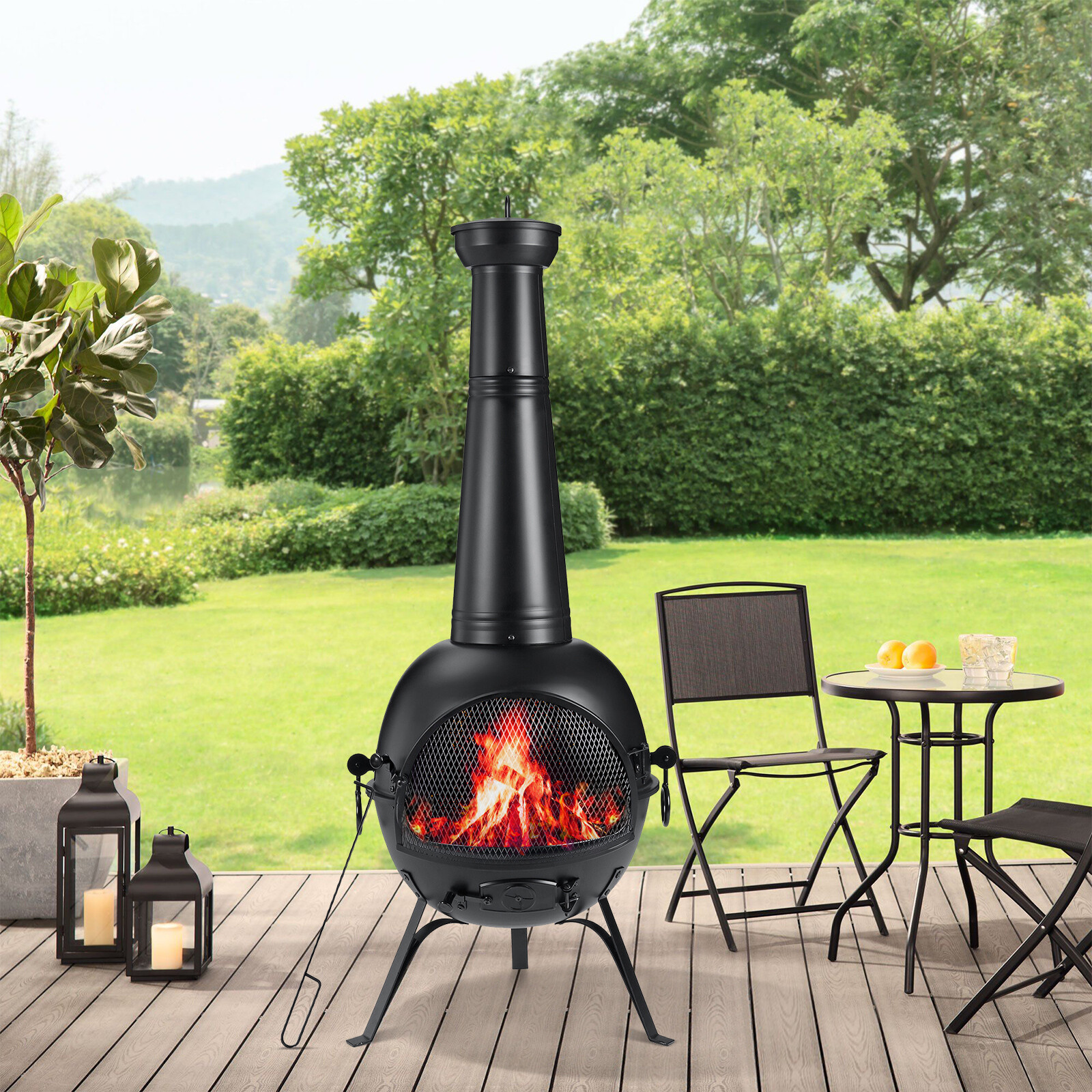55in Outdoor Fireplace Patio Chiminea Fire Pit Wood Burning Heater Cast Iron Lid