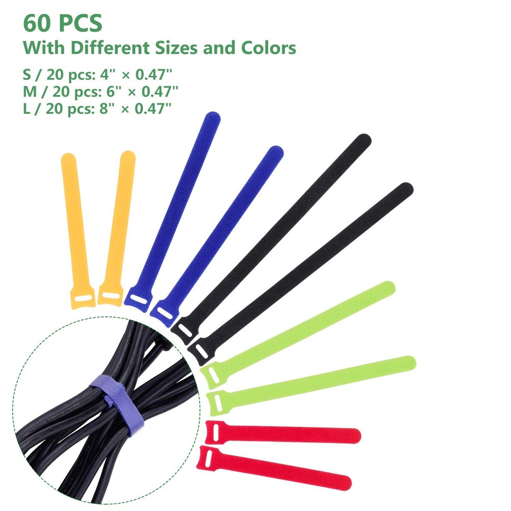 60 Pcs Reusable Fastening Cable Ties Hook and Loop, Multi-Purpose Cable Straps