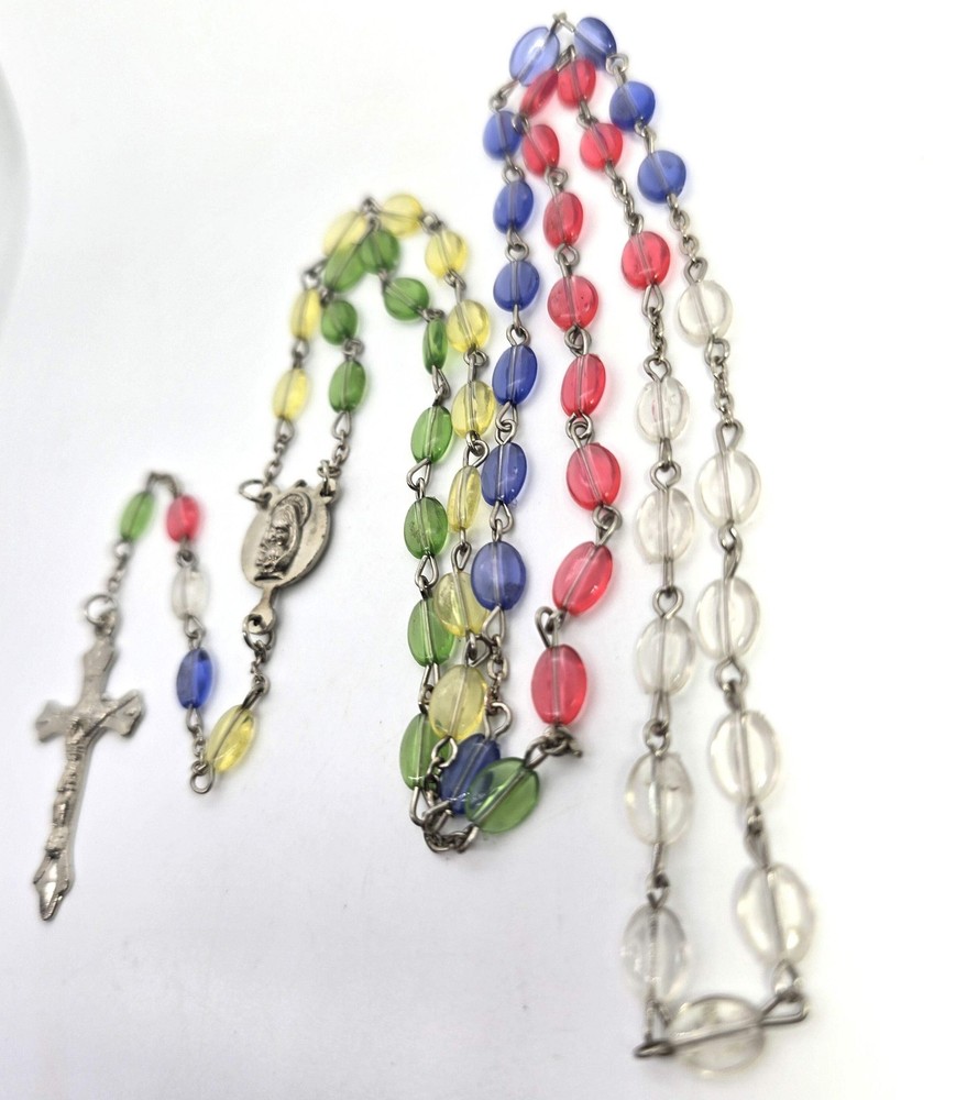 Rainbow oval plastic beaded vintage rosary crucifix