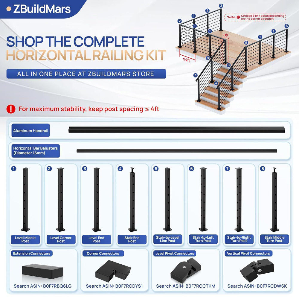 35" Horizontal Aluminum Deck Railing Post - Black Textured Finish