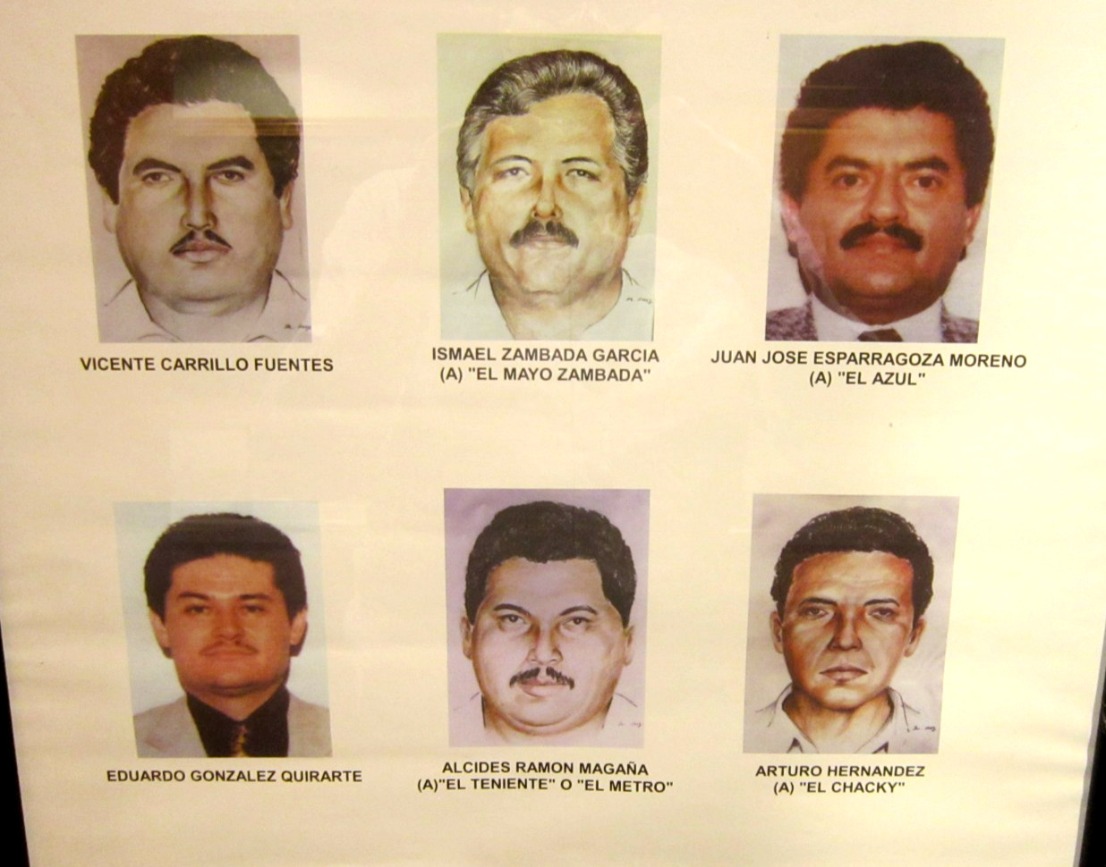 RARE Mexican Drug Lords Wanted Poster Framed ( 6 Drug Lords ) 19" x 25" -Spanish